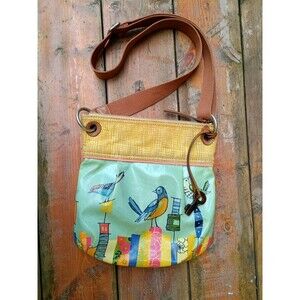 FOSSIL Key-Per Coated Canvas City Birds Artwork Bag Cross Body Boho Purse